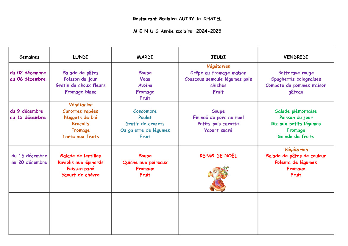 MENUS DE CANTINE DE DECEMBRE