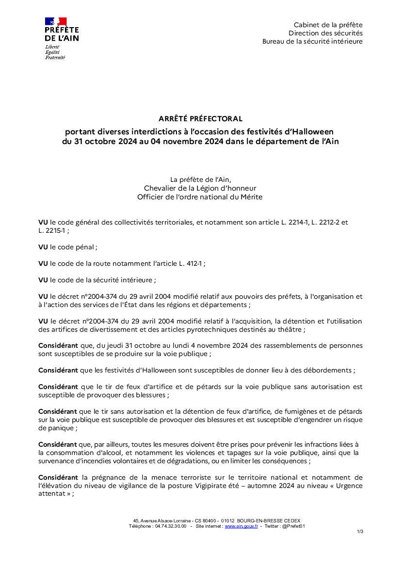 ARRETE PREFECTORAL PORTANT DIVERSES INTERDICTIONS-HALLOWEEN