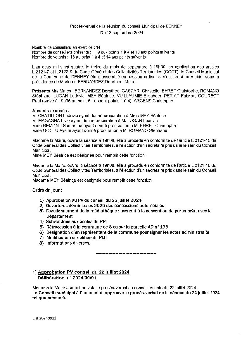 PV réunion conseil municipal du 13 septembre 2024