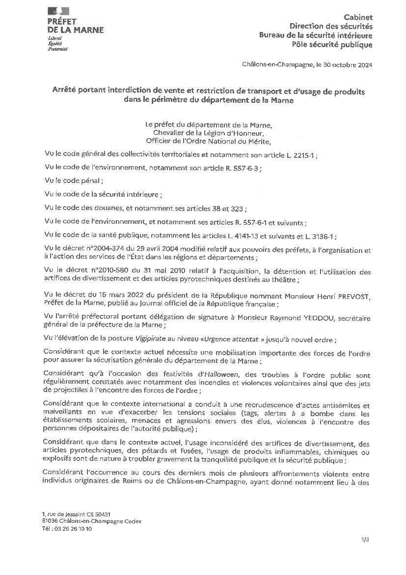 Arrêté Préfectoral interdiction vente et transport artifices