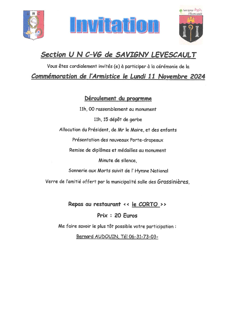 Commémoration de l'Armistice le Lundi 11 Novembre 2024