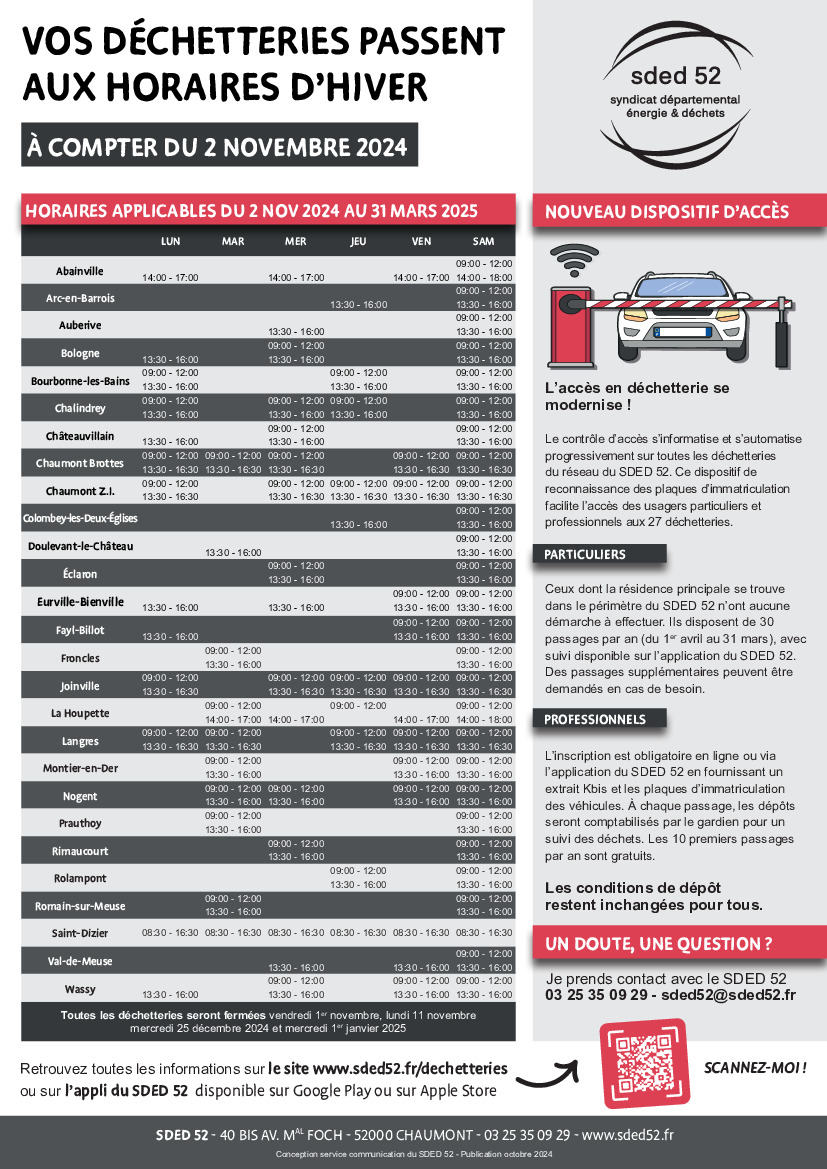 Horaires des déchetteries du 02/11/2024 au 31/03/2025