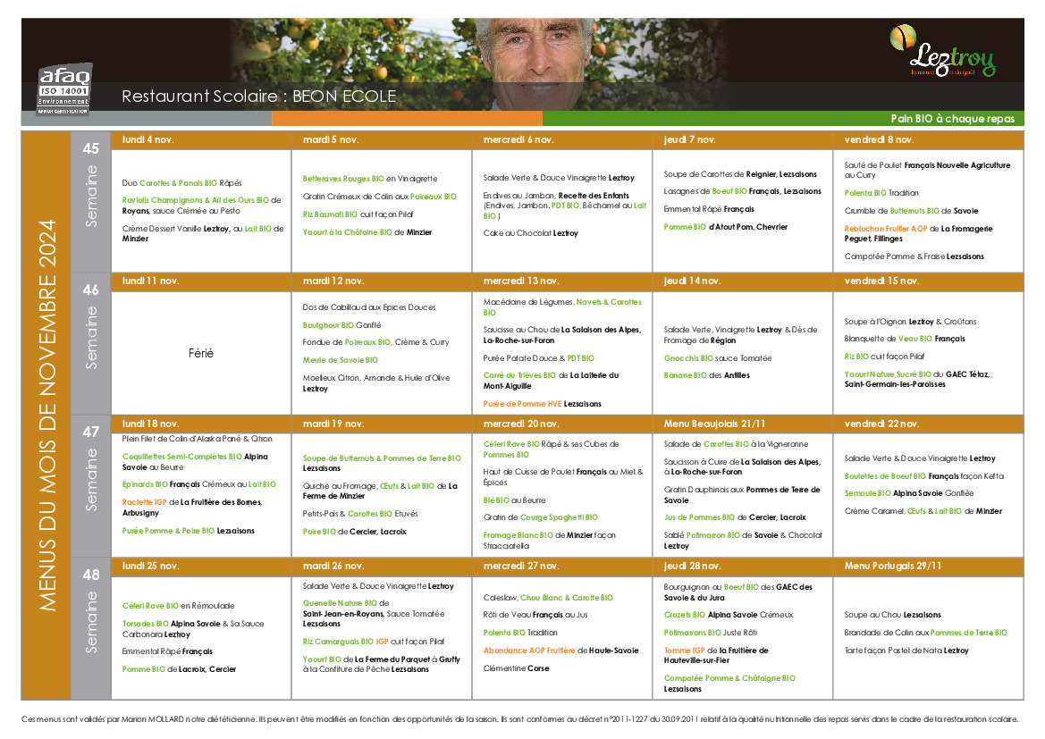 Menu cantine novembre 2024