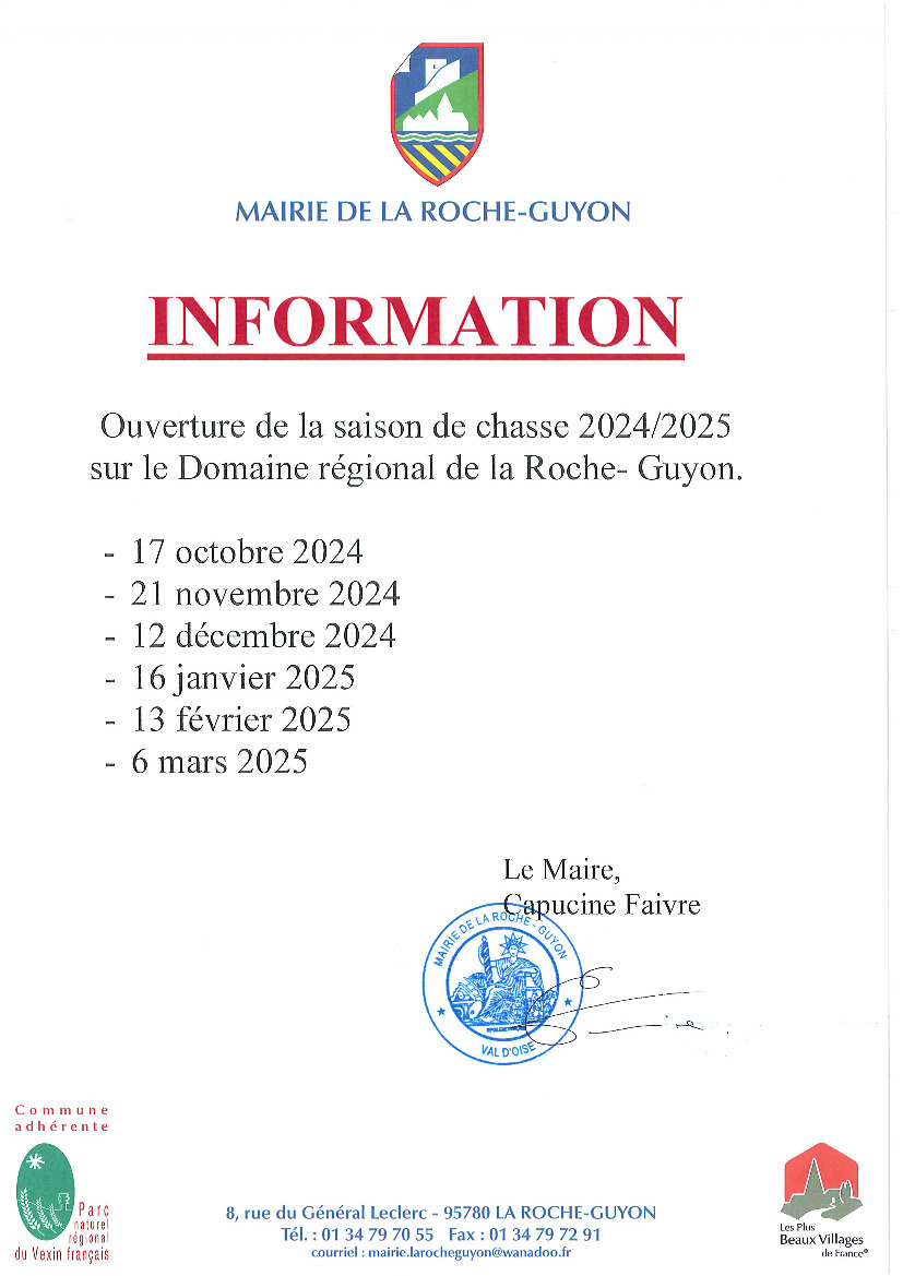 Date de chasse sur le Domaine Régional le la Roche Guyon.