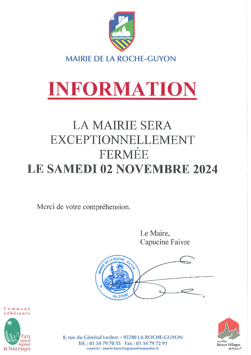 Fermeture mairie le samedi 02 novembre 2024