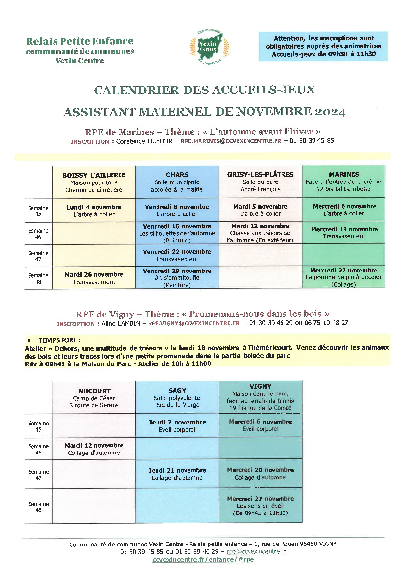 Calendrier des accueils-jeux novembre 2024