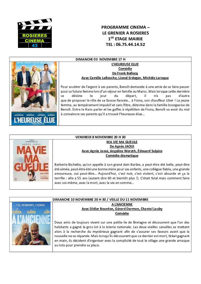 Le programme de Rosières Cinéma