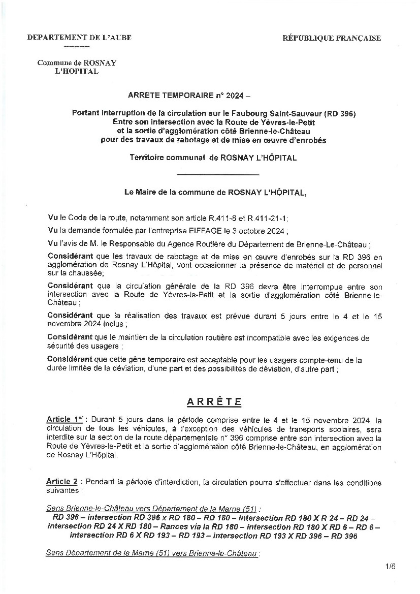 Arrêté de déviation Rosnay-L'Hopital entre 4 et 15 novembre