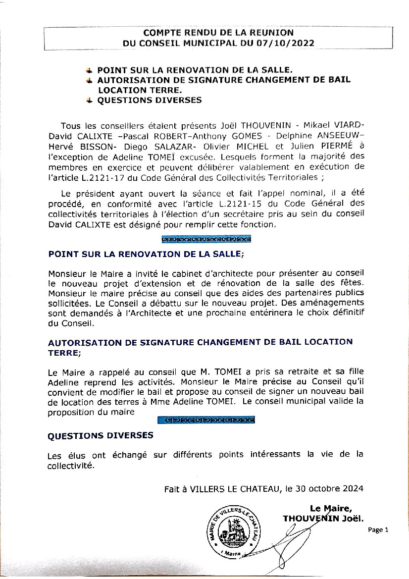 Compte rendu du Conseil Municipal du 28/10/2024