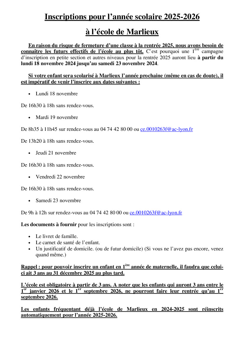 INSCRIPTIONS RENTREE SCOLAIRE 2025/2026