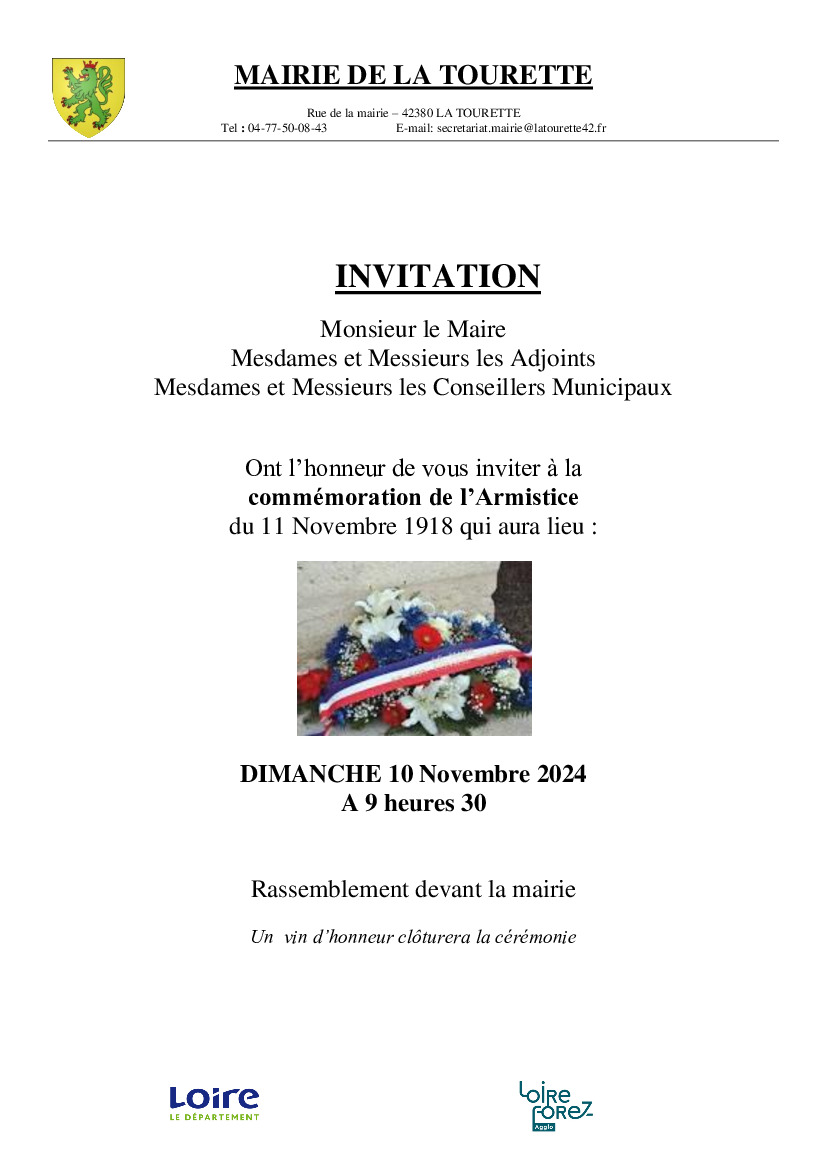 Commémoration de l' Armistice dimanche 10 novembre.