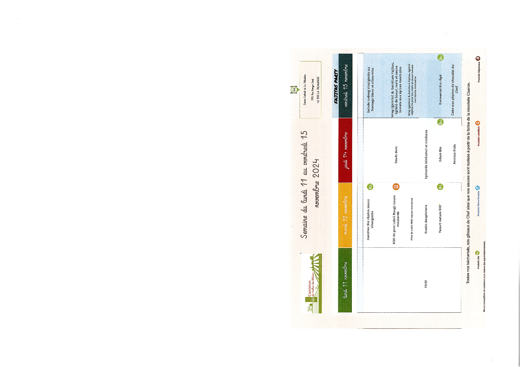 Menu  du 12 au 15 Novembre 2024