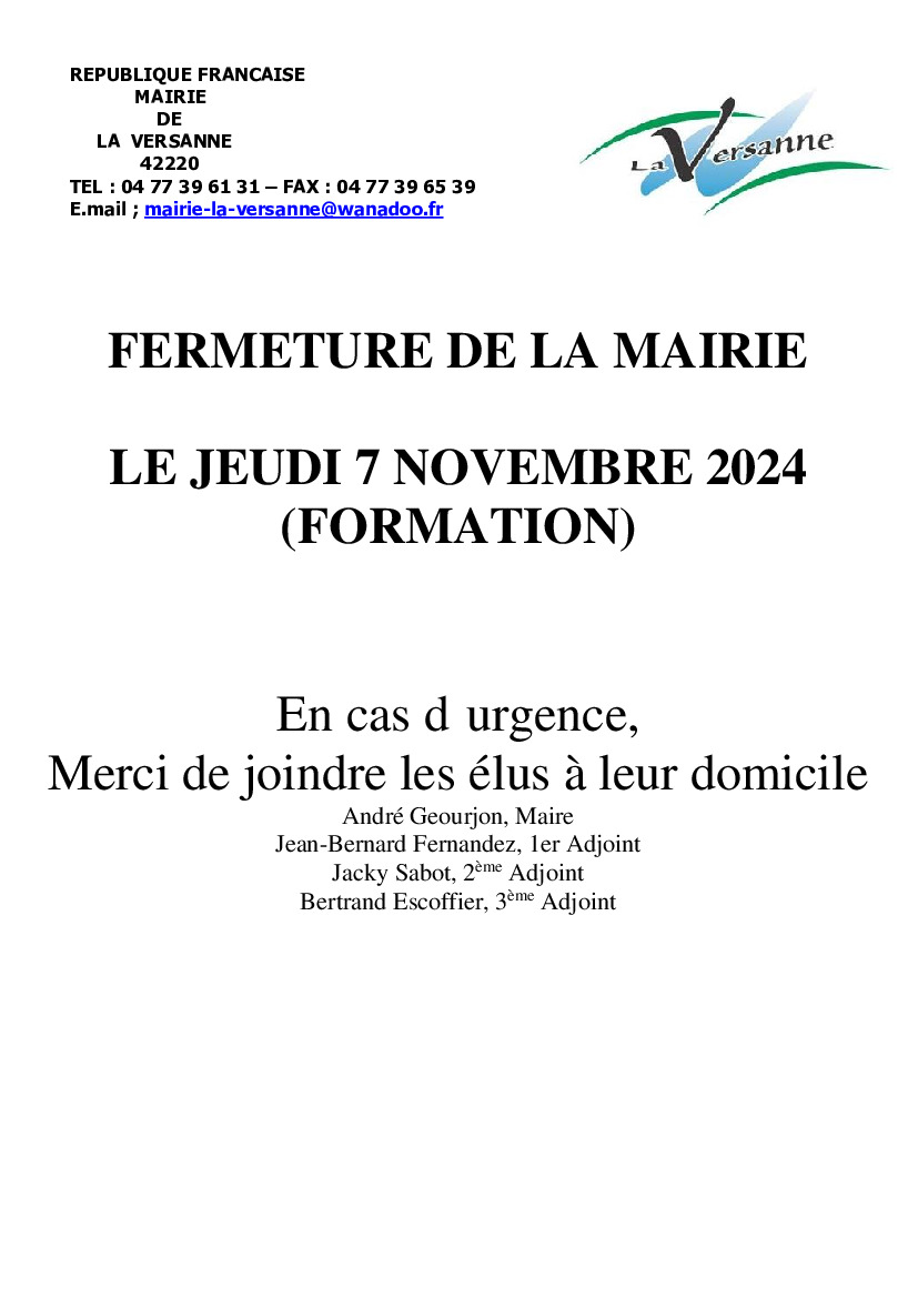 FERMETURE DE LA MAIRIE LE JEUDI 7 NOVEMBRE 2024