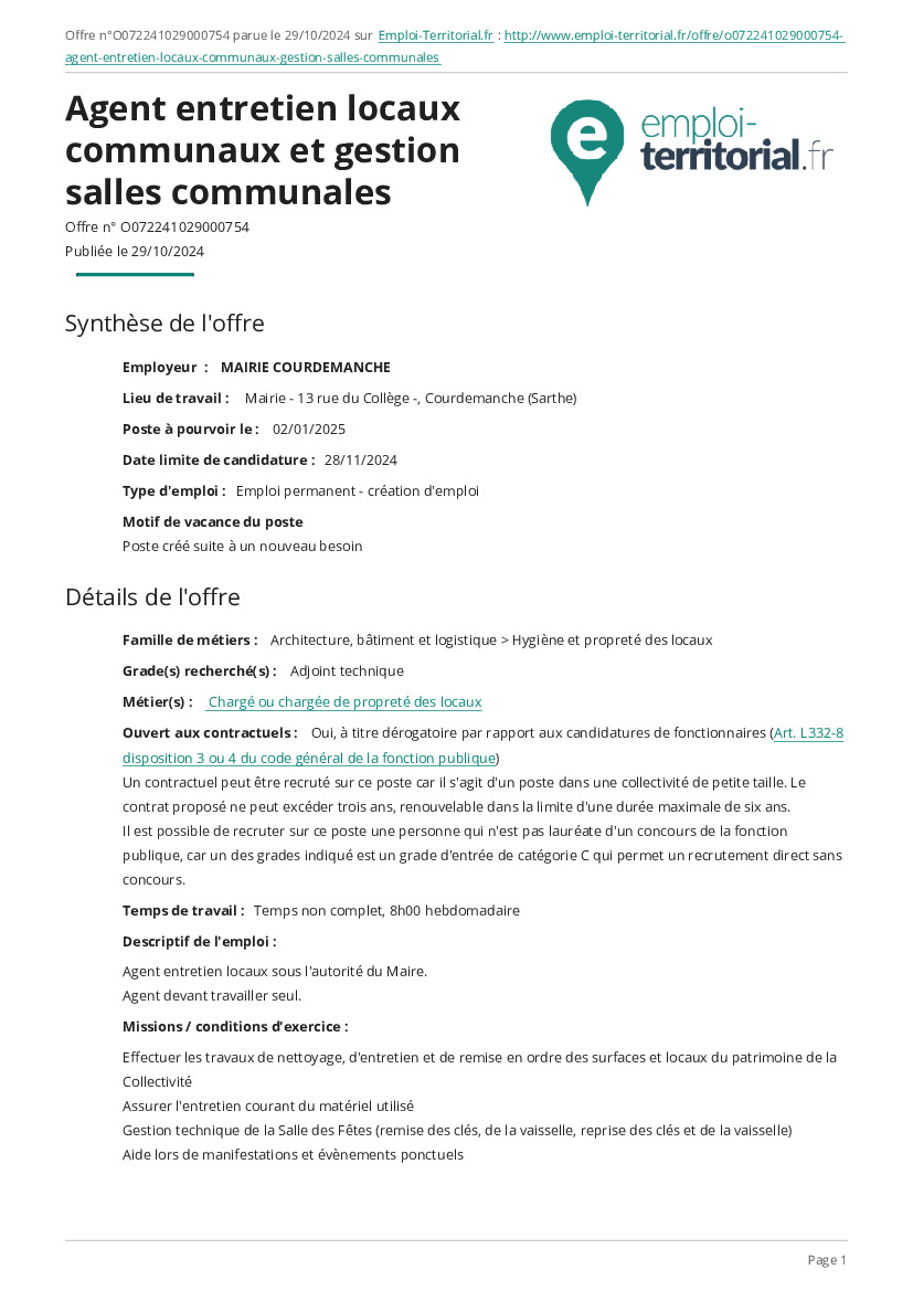 Recherche Agent Entretien Communaux, Salles communales