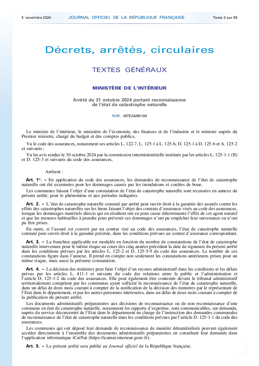 Arrêté état de catastrophe naturelle