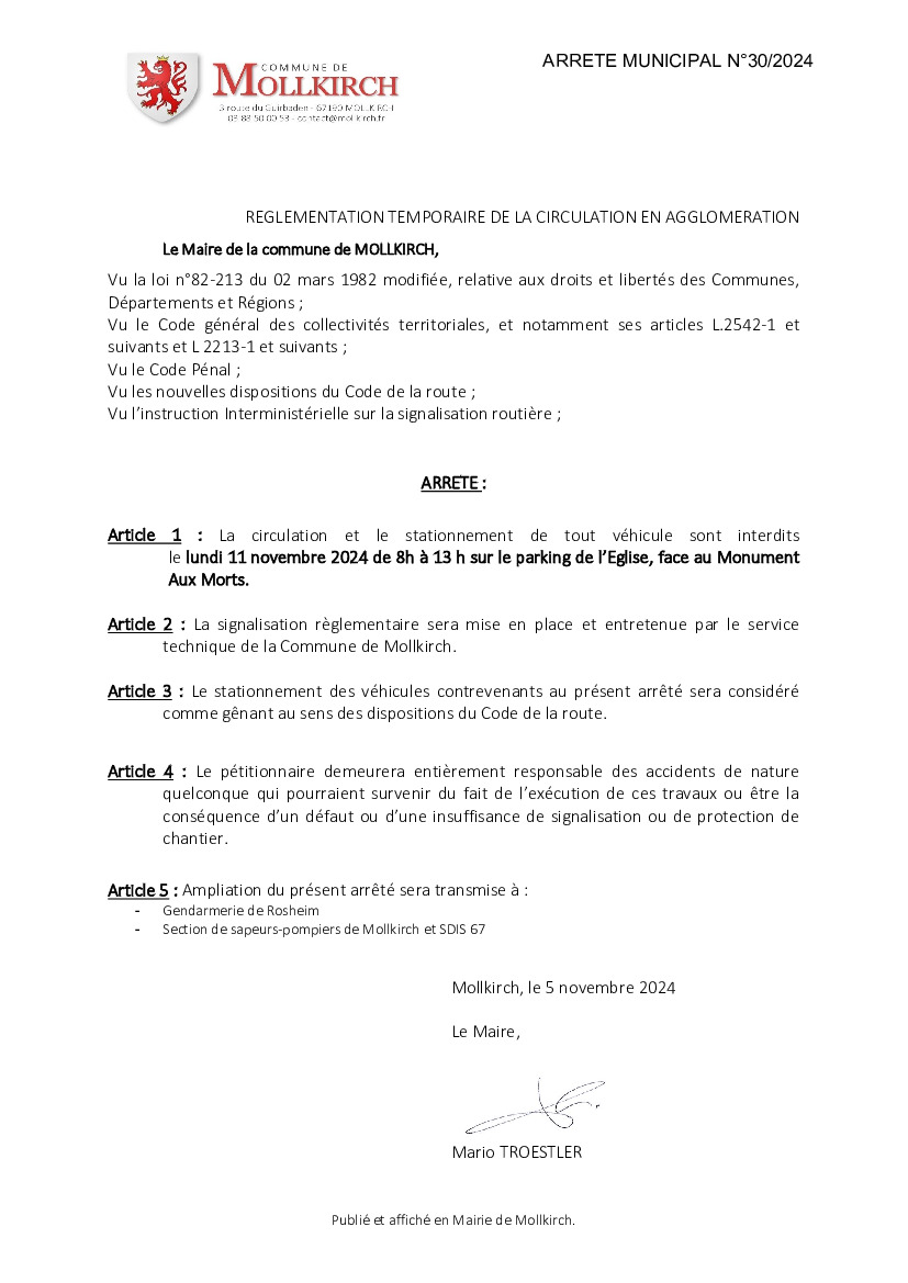 Règlementation temporaire de la circulation le 11/11/2024