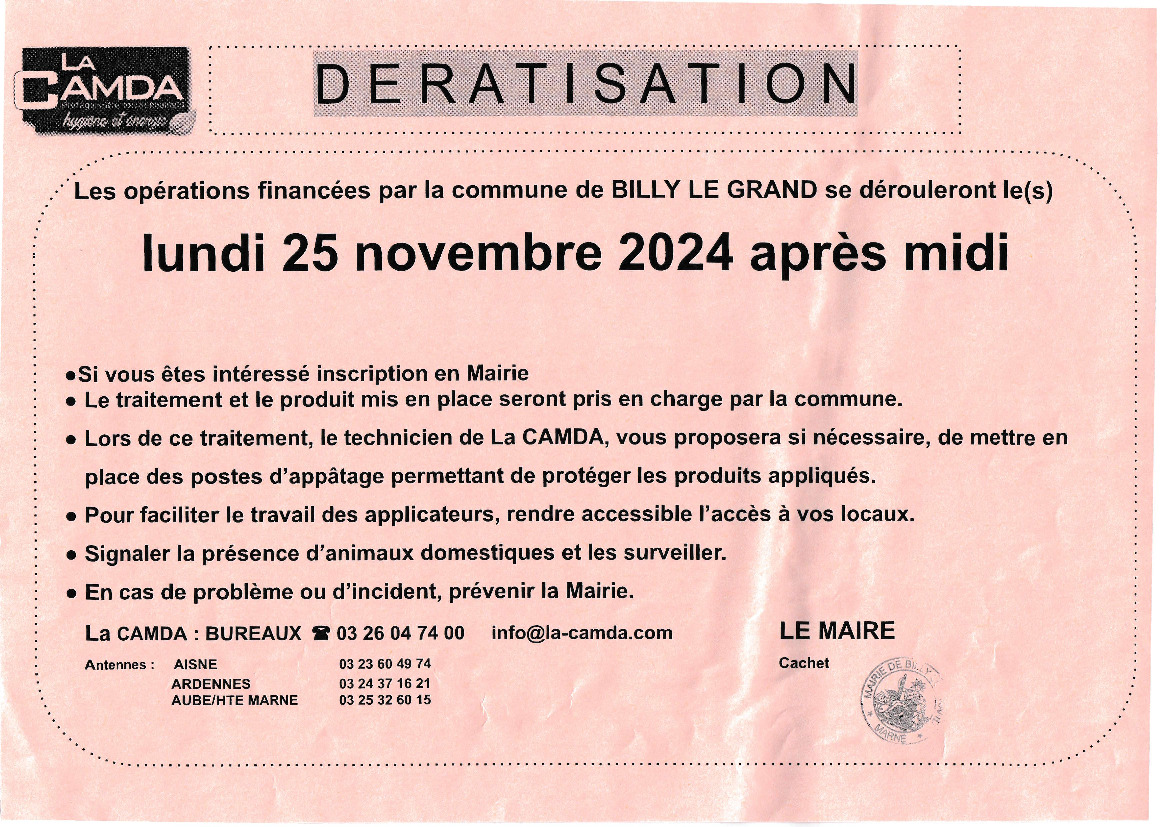 DERATISATION lundi 25 novembre après-midi