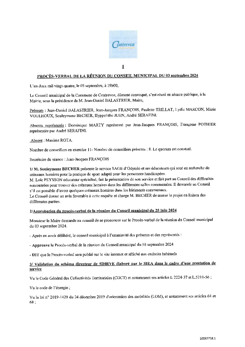 Pcocés verbal de la réunion du Conseil municipal du 03/09/24