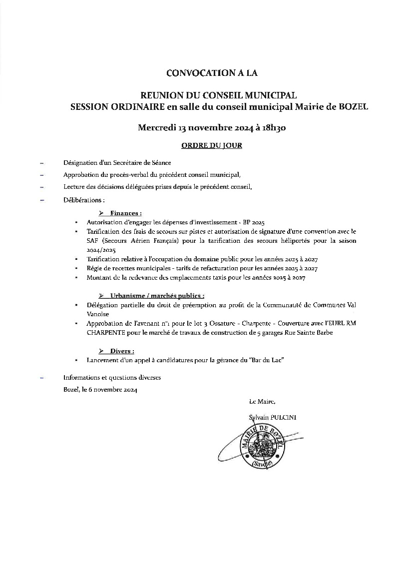 Conseil Municipal du 13/11/2024 : Ordre du jour