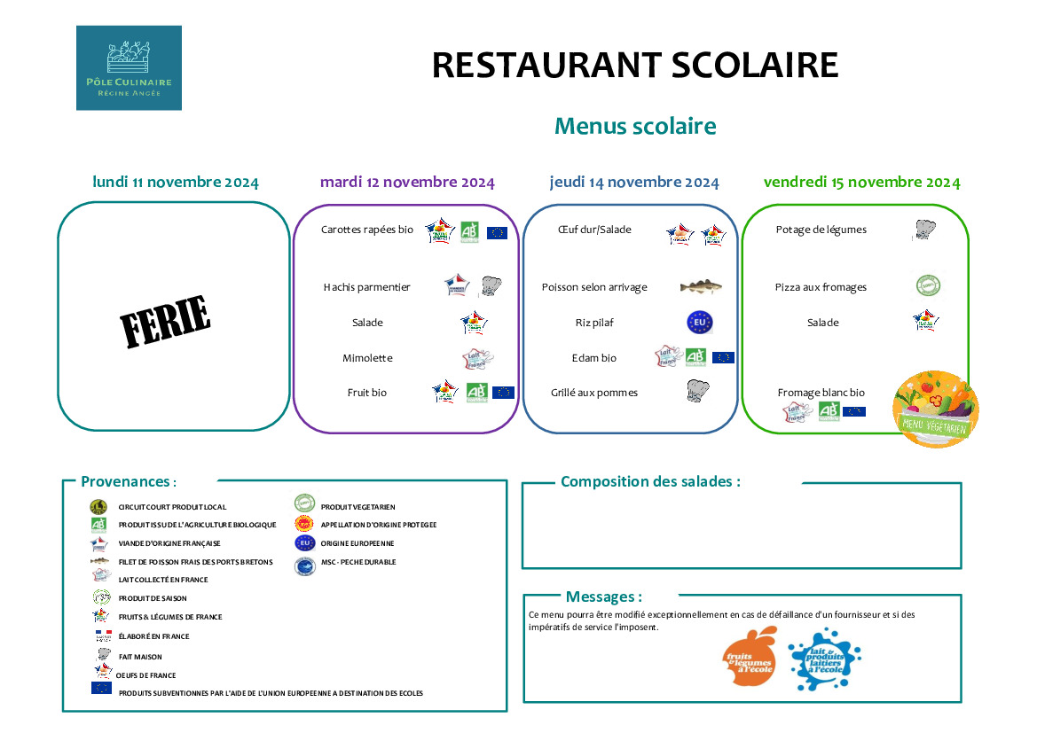 MENU RESTAURANT SCOLAIRE DU 12 AU 15 NOVEMBRE 2024