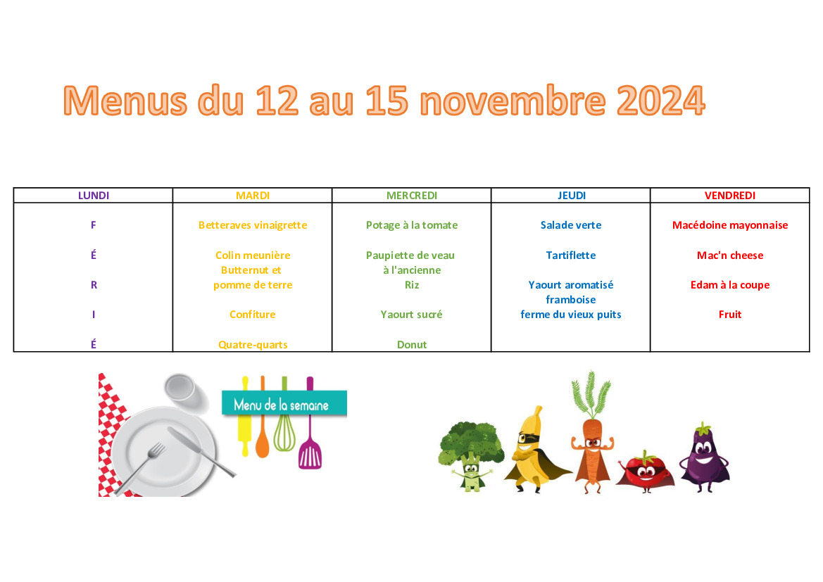 Menus du 12 au 15 novembre 2024