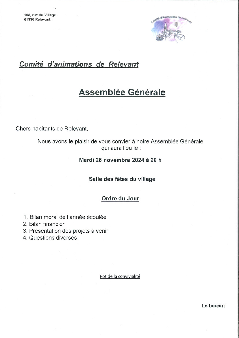 ASSEMBLEE GENERALE DU COMITE D'ANIMATIONS DE RELEVANT