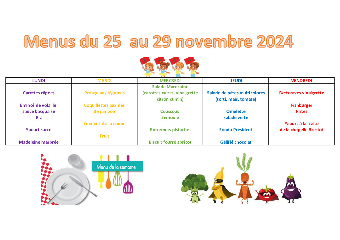 Menus du 25 au 29 novembre 2024