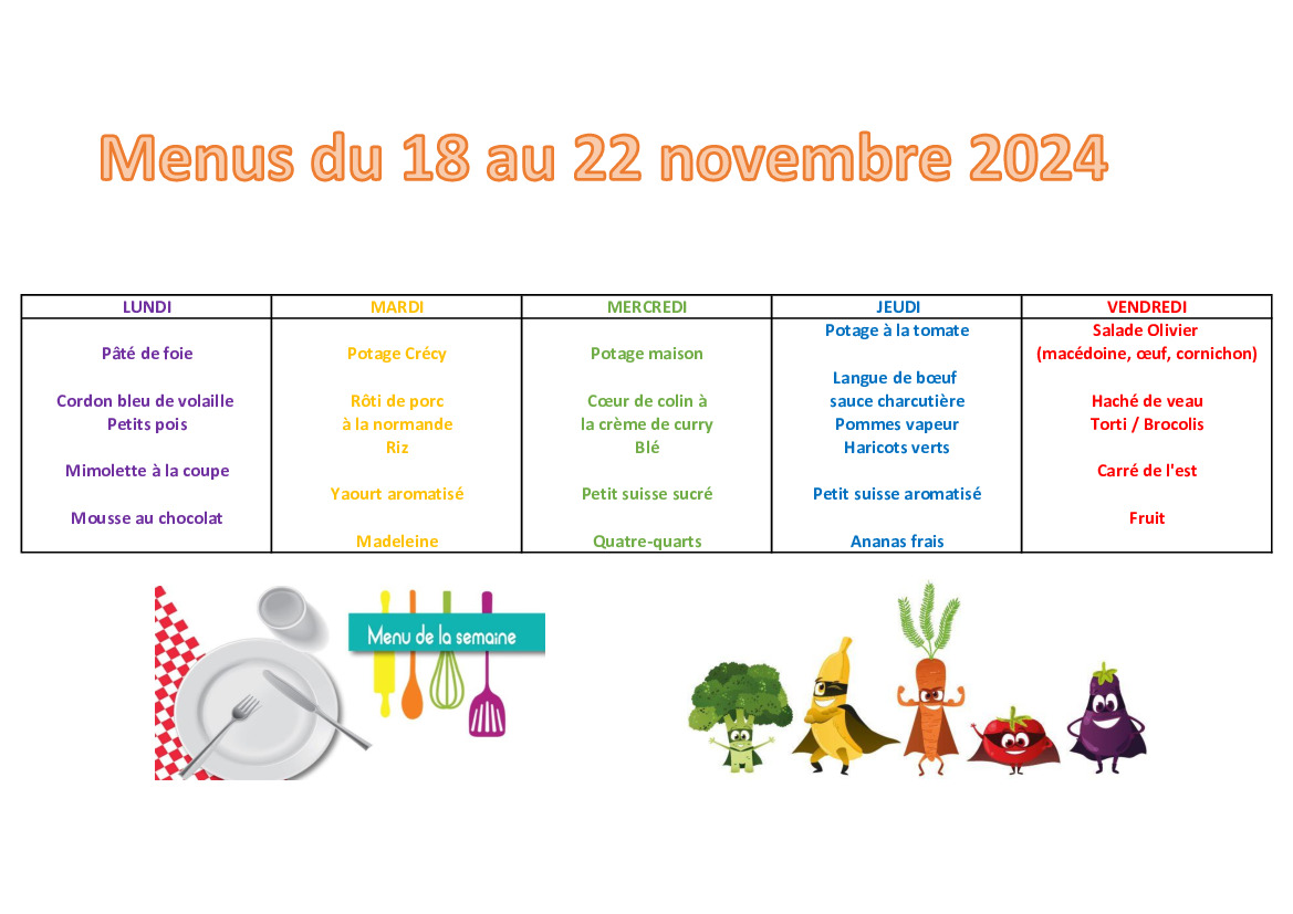 Menus du 18 au 22 novembre 2024