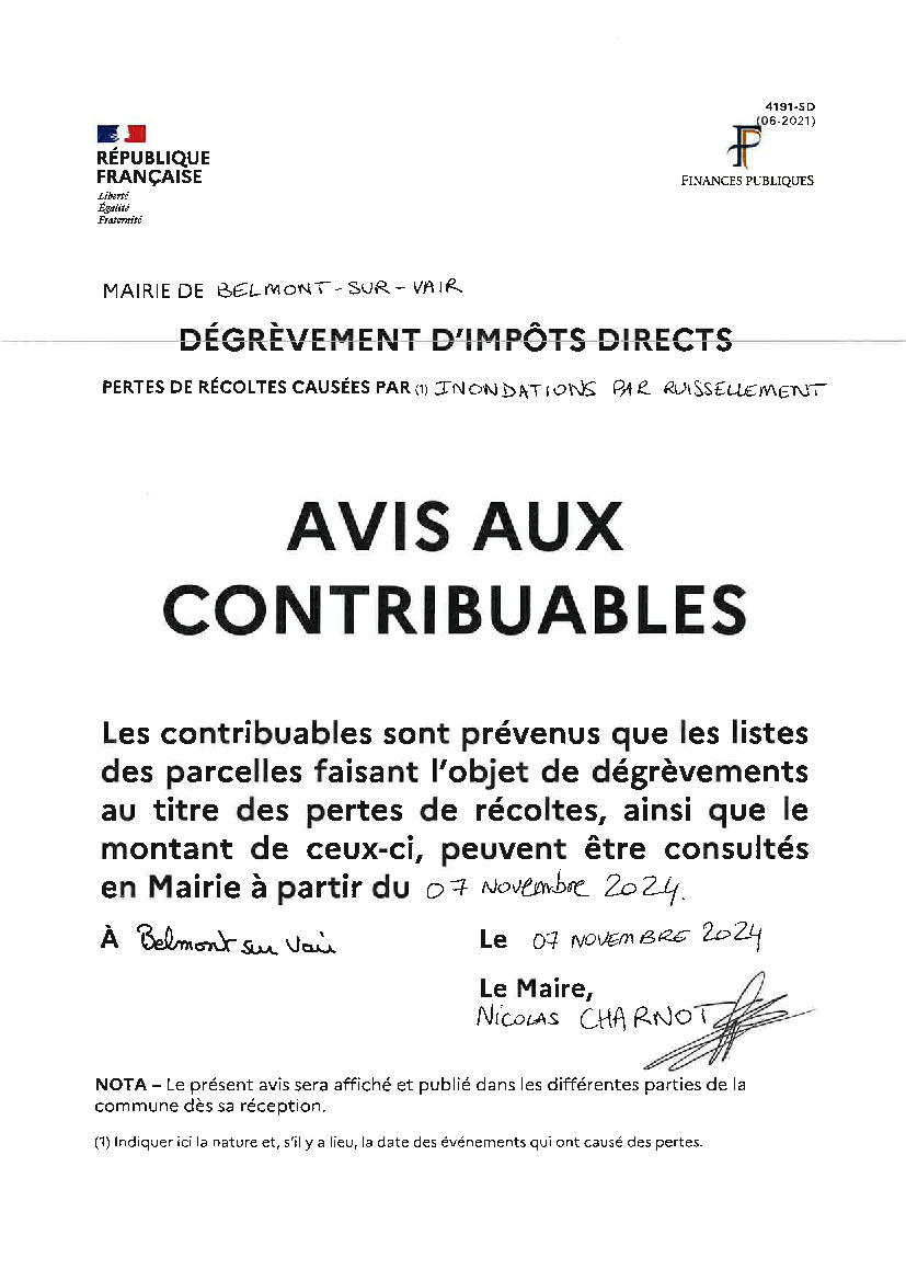 AVIS AUX CONTRIBUABLES