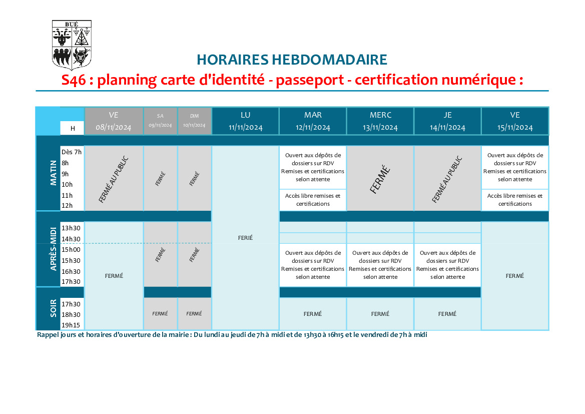 Planning d'ouverture S46