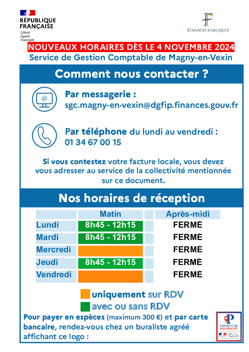 Nouveaux horaires du service de gestion comptable de Magny