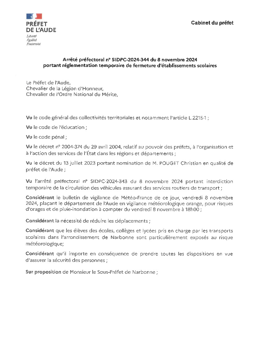 Arrondissement Narbonne fermeture établissements scolaires