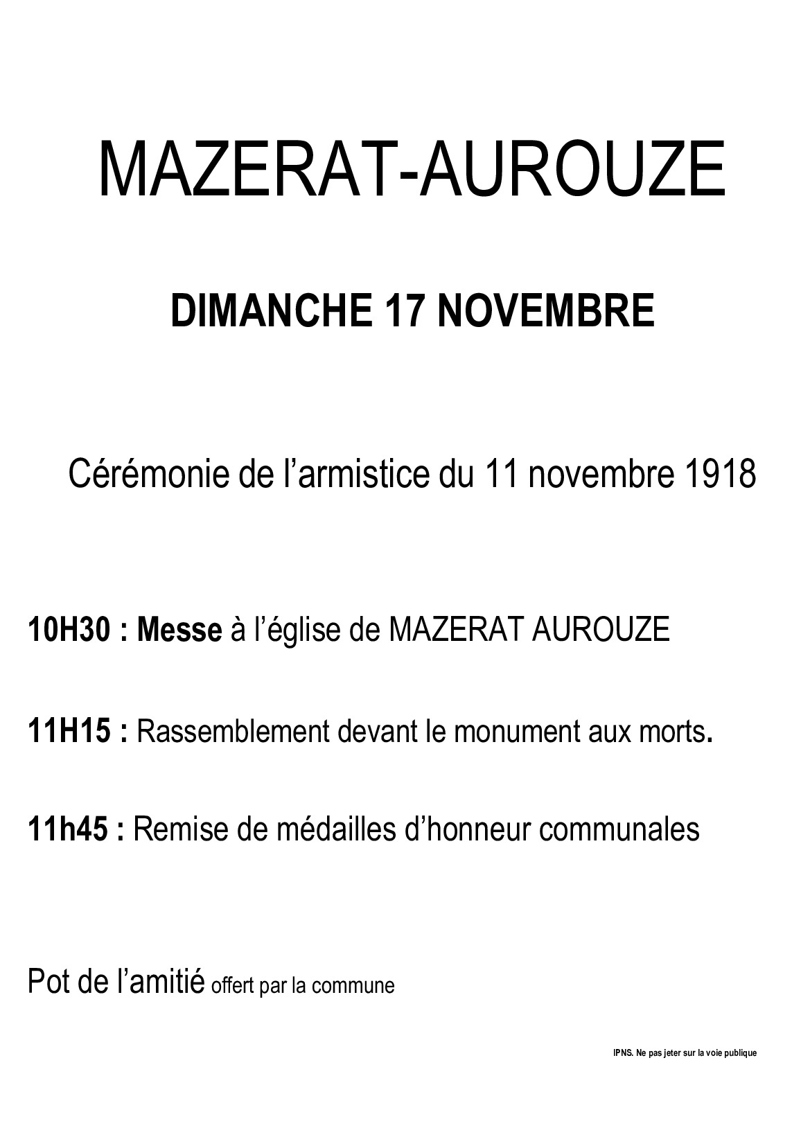 Cérémonie du 11 novembre : DIMANCHE 17 Novembre 2024