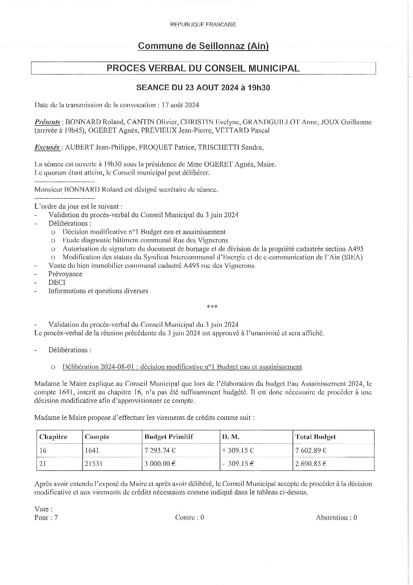 PV du conseil municipal du 23 août 2024