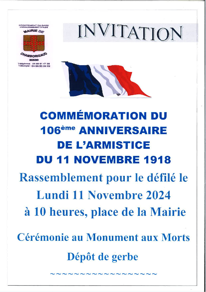 Invitation à commémorer l'armistice du 11 novembre 1918