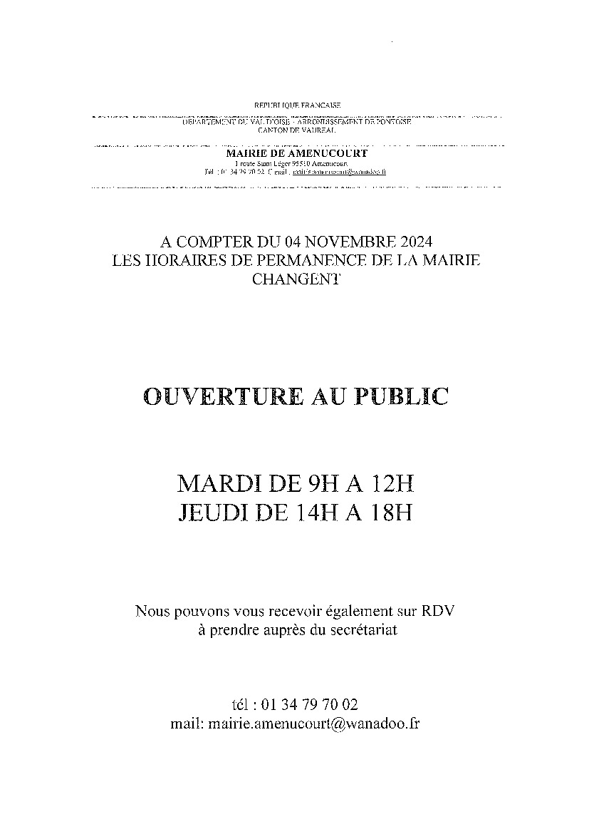 Mairie d'Amenucourt changement horaires dès le 5 novembre