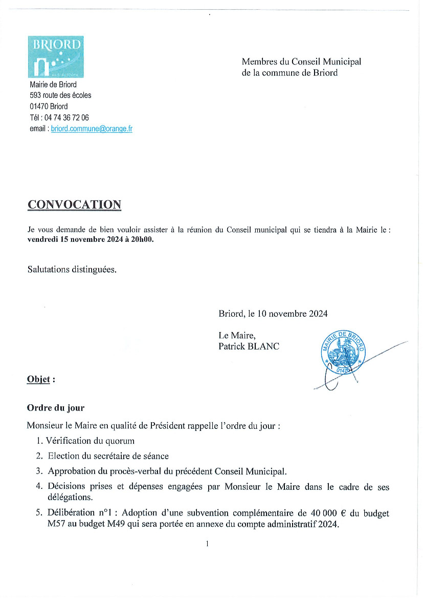 Conseil municipal de Briord le 15 novembre 2024