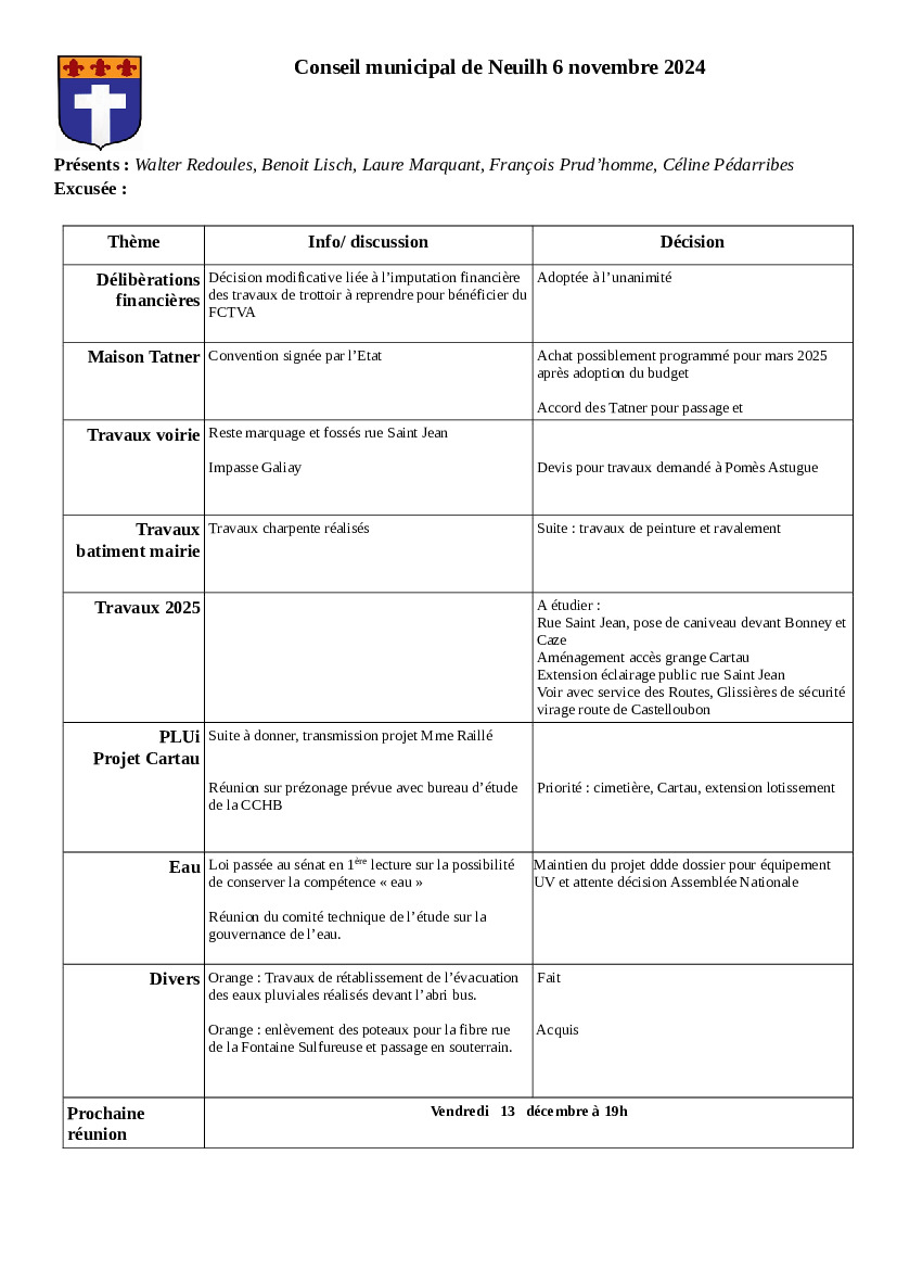 compte rendu conseil municipal 6 novembre