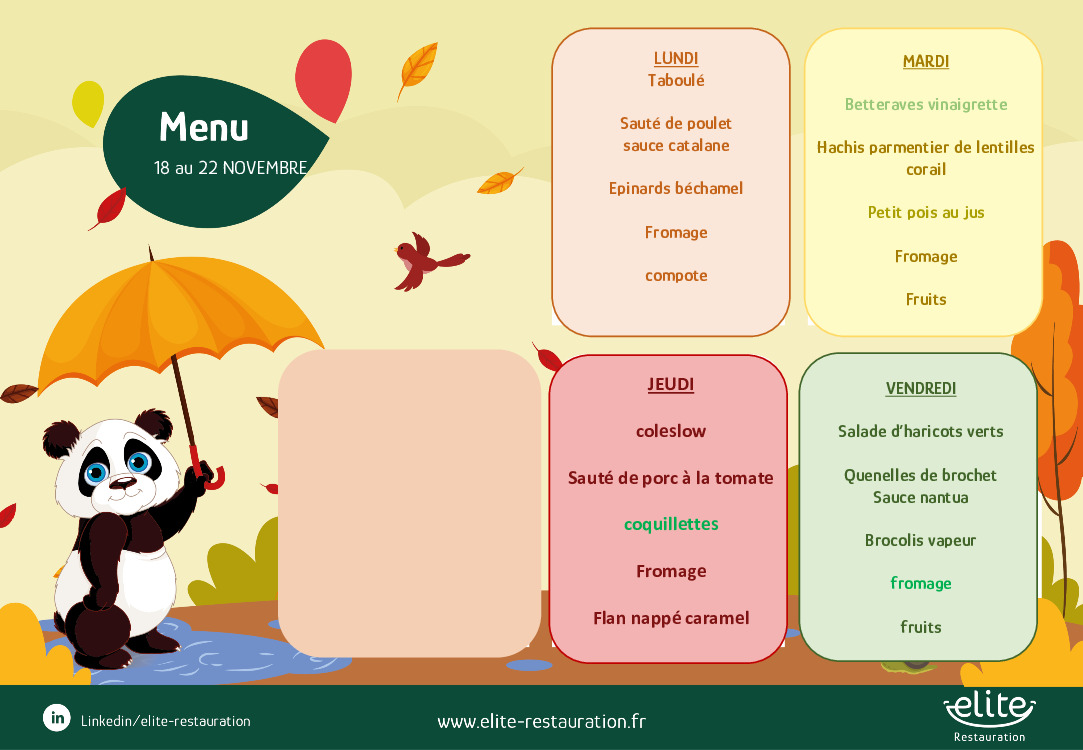 Menus cantine du 18 au 22 novembre 2024