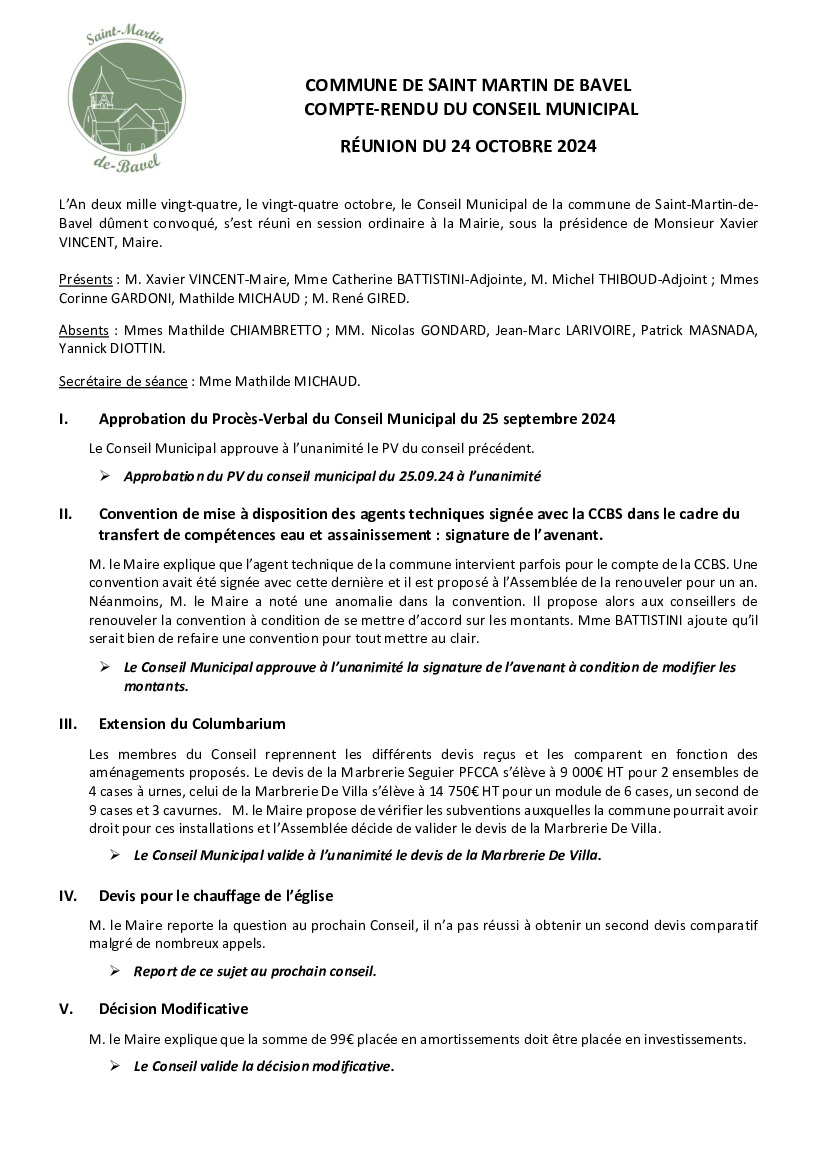 Compte Rendu Conseil Municipal du 24 octobre 2024