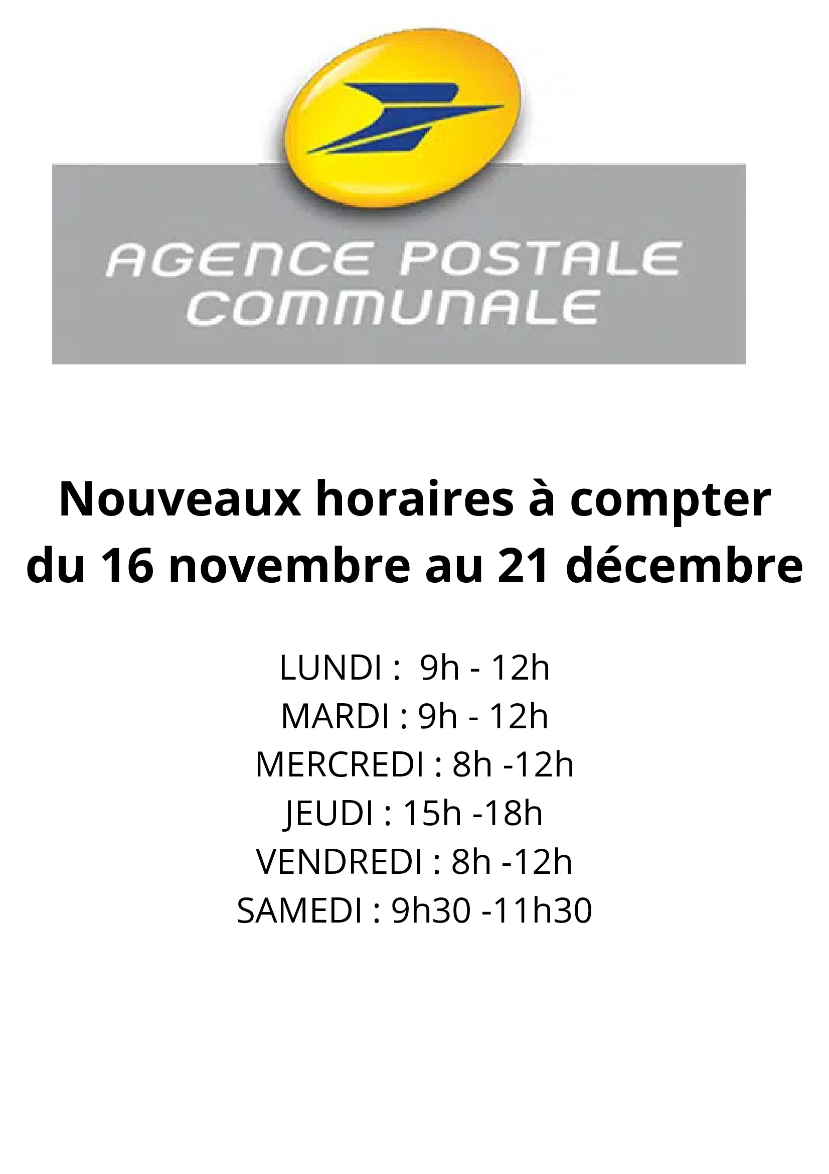 Nouveaux horaires de l'Agence Postale Communale