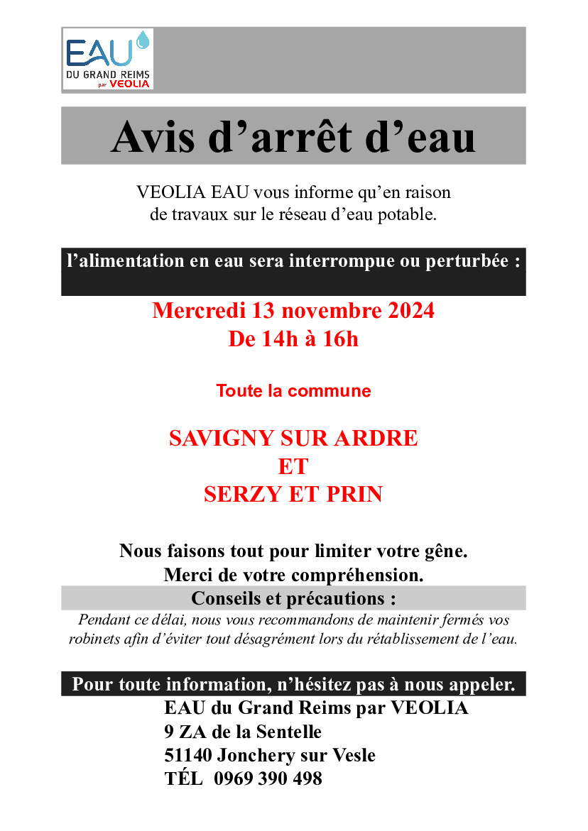 Avis d'arrêt d'eau - Communes  SAVIGNY-SUR-ARDRES et SERZY