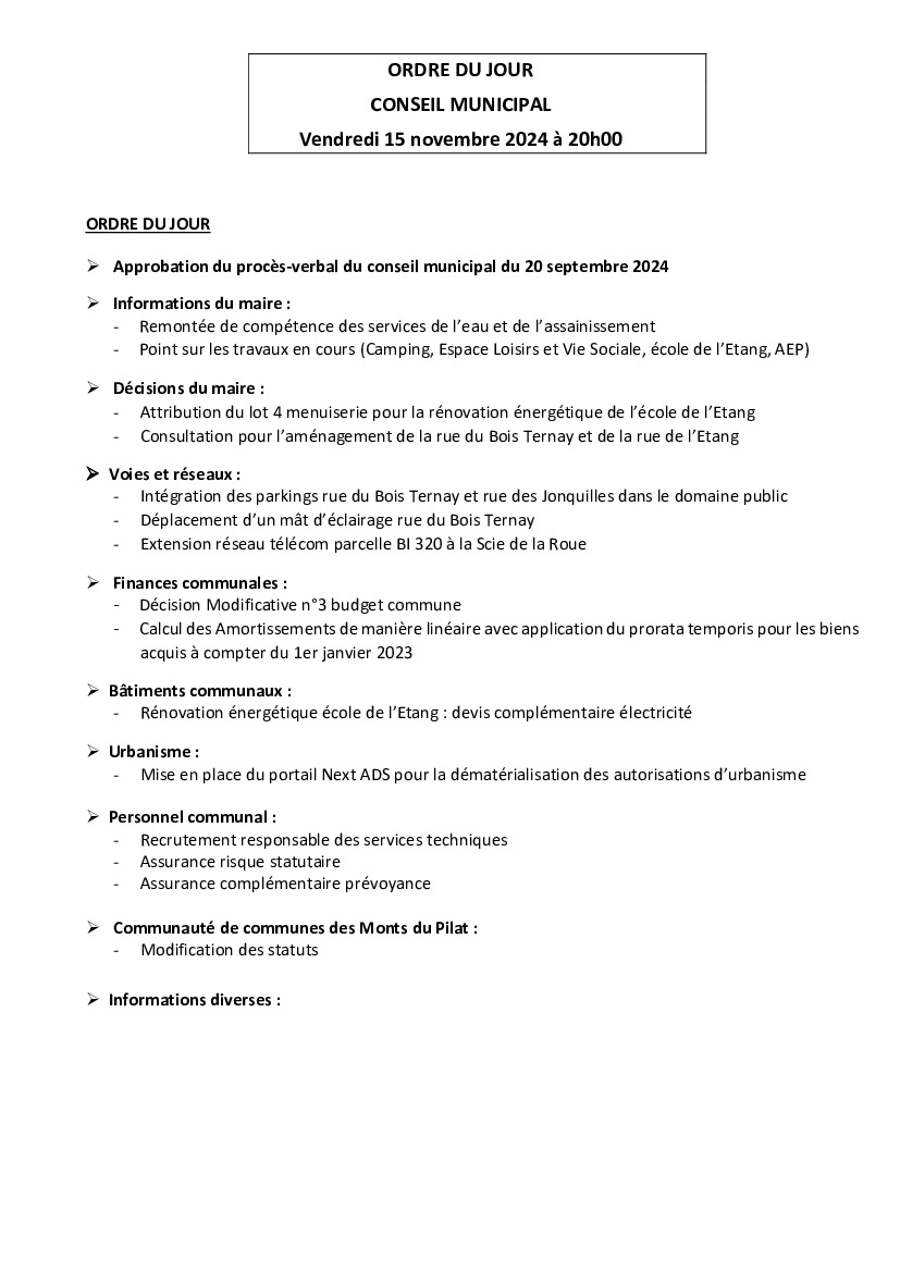 Conseil municipal : vendredi 15 novembre  à 20H00