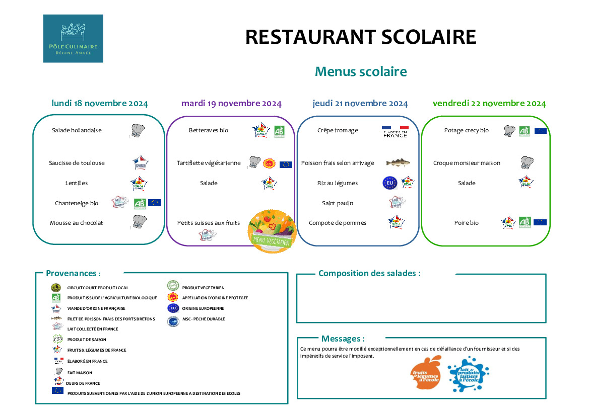 MENU RESTAURANT SCOLAIRE DU 18 AU 22 NOVEMBRE