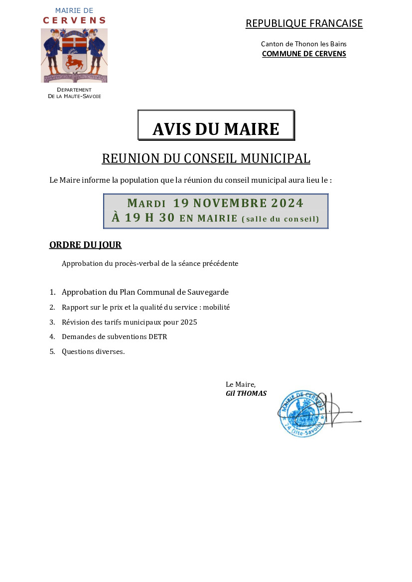 Réunion du conseil municipal mardi 19 novembre