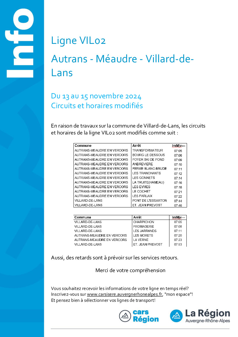 INFO BUS SUITE A FERMETURE DE LA ROUTE DES JARRANDS