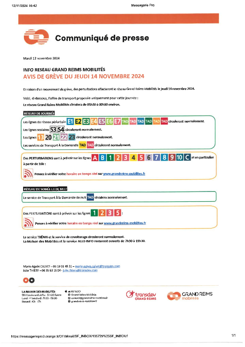 avis de grève du jeudi 14 novembre 2024