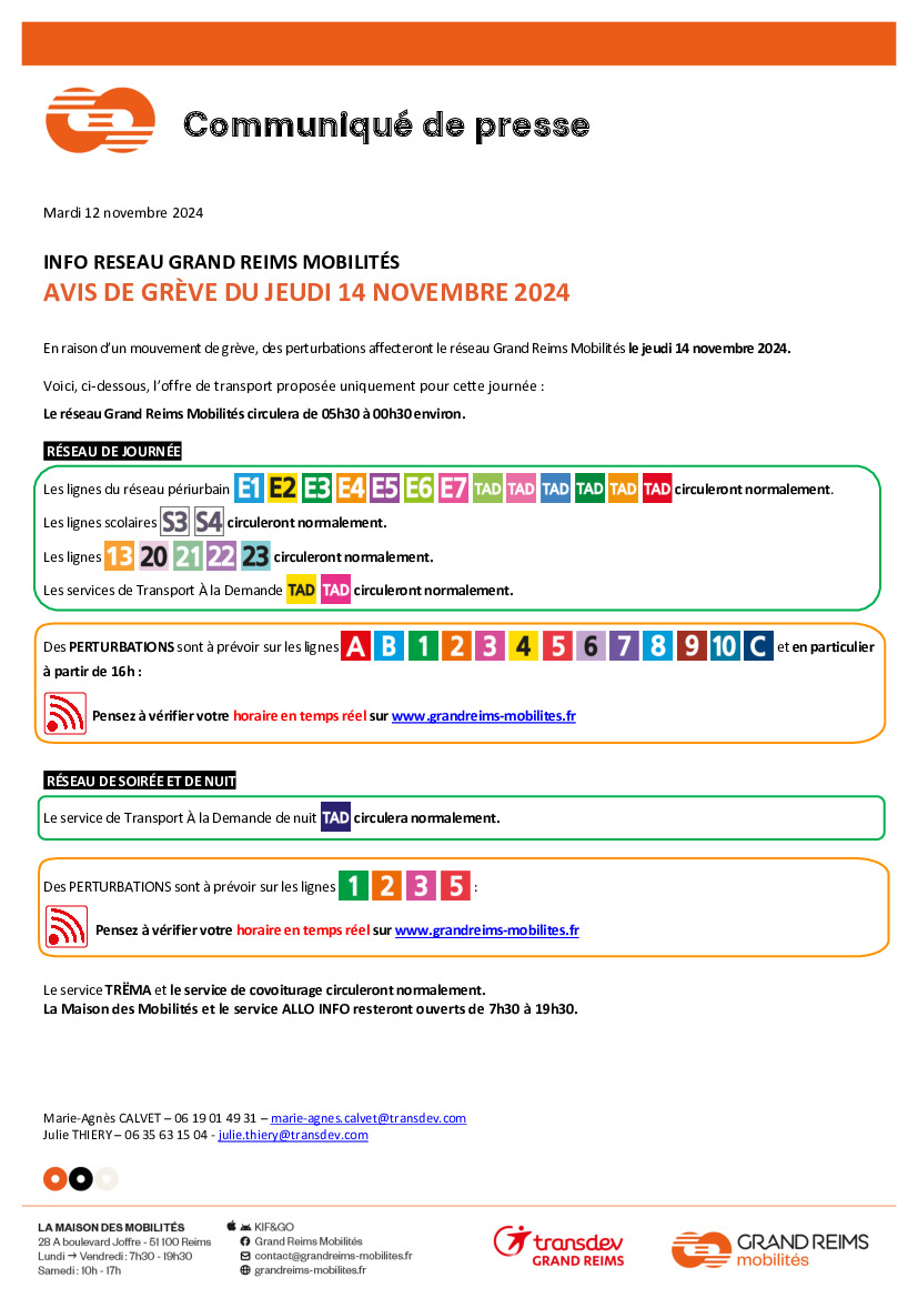 Grève Grand Reims Mobilités 14/11: Précisions