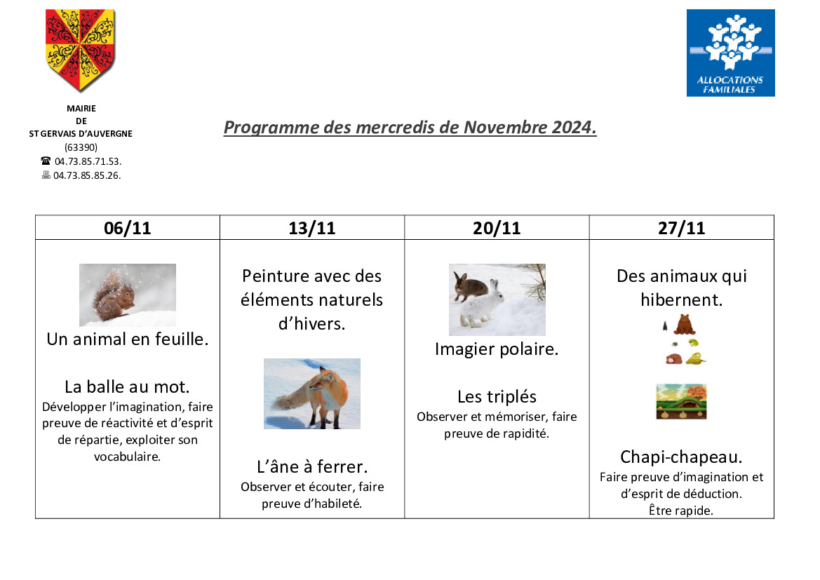 Programme des mercredis au centre de loisirs