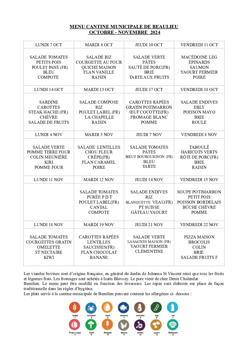 MENU CANTINE DU 7/10/2024 au 22/11/2024